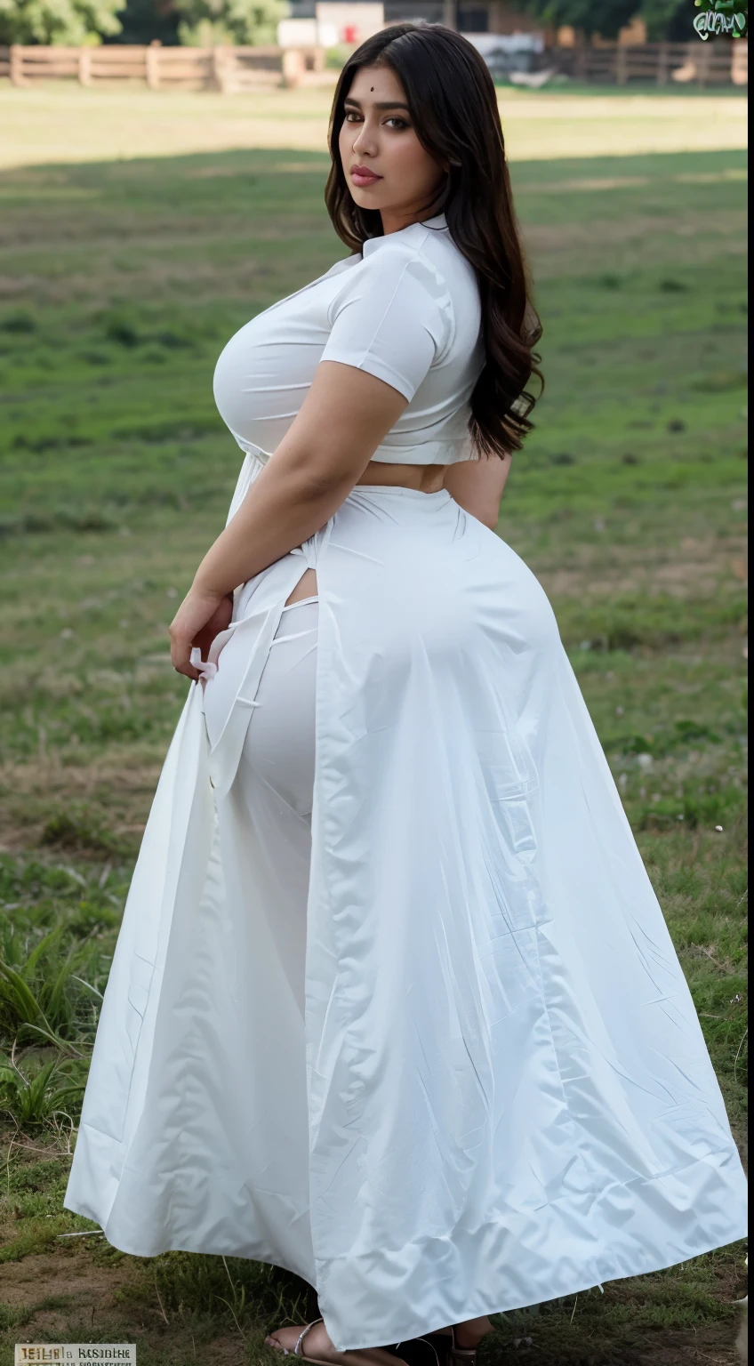 Bbw Pakistani,white long dress,facing the camera)(big booty) (face here) Plus size bbw big boobs,grass, (wide booty)insanely inflated hips