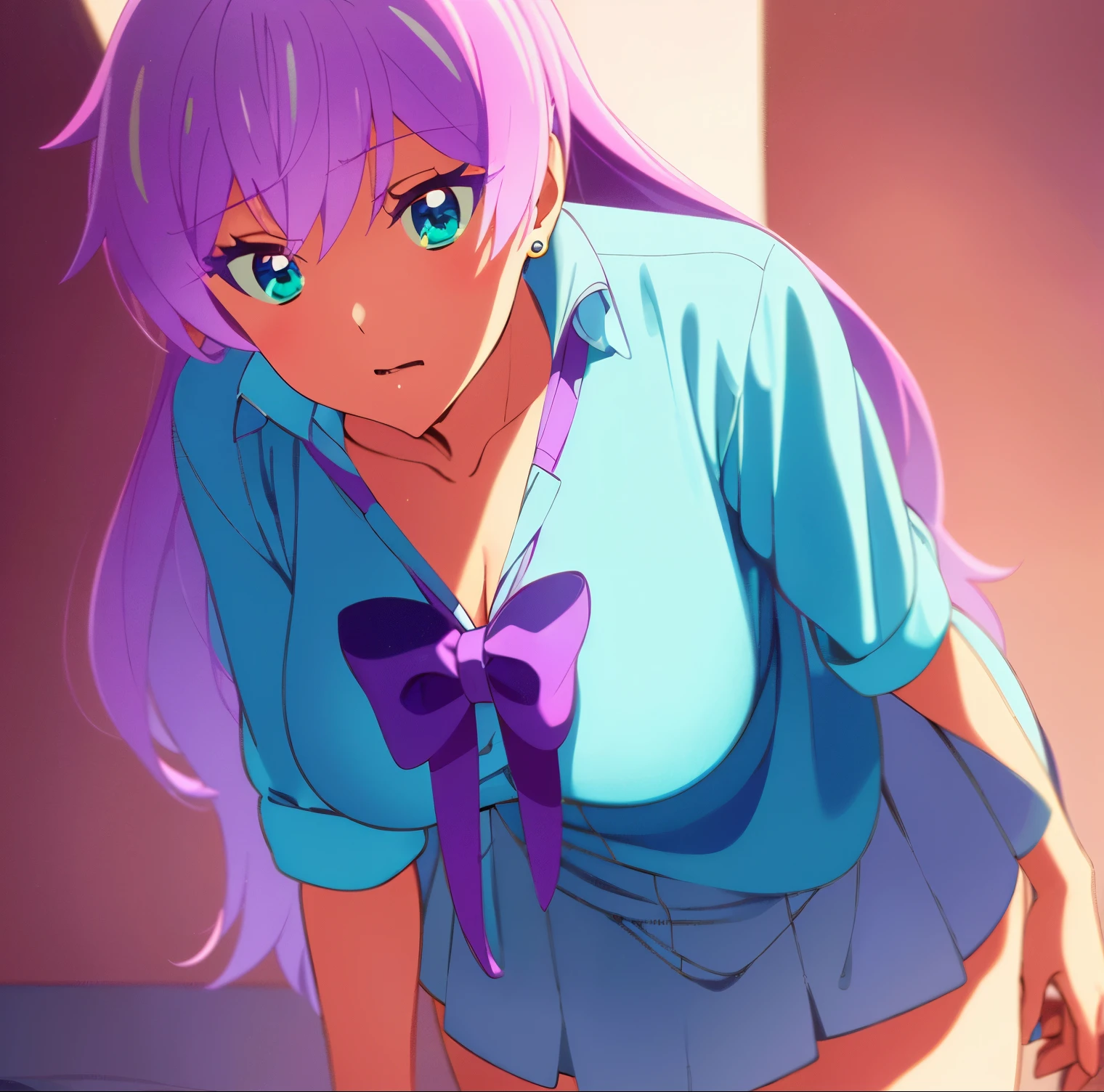 1 girl, alone, Akari Watanabe, long hair, blue eyes, pink hair, good, double good, conical hair good, BROKE skirt, shirt, bow, jewelry, pleated skirt, earrings, blue skirt, blue shirt, REST face to face viewer, full length, big breasts, wide hips, wide thighs, REST indoors, classroom, BREAK, (Masterpiece: 1.2), Best Quality, High Resolution, Unity 8K Wallpaper, (art : 0.8), (beautiful detailed eyes: 1.6), Extremely detailed face, perfect lighting, Extremely detailed CG (Perfect Hands, Perfect Anatomy), good anatomy, good hands