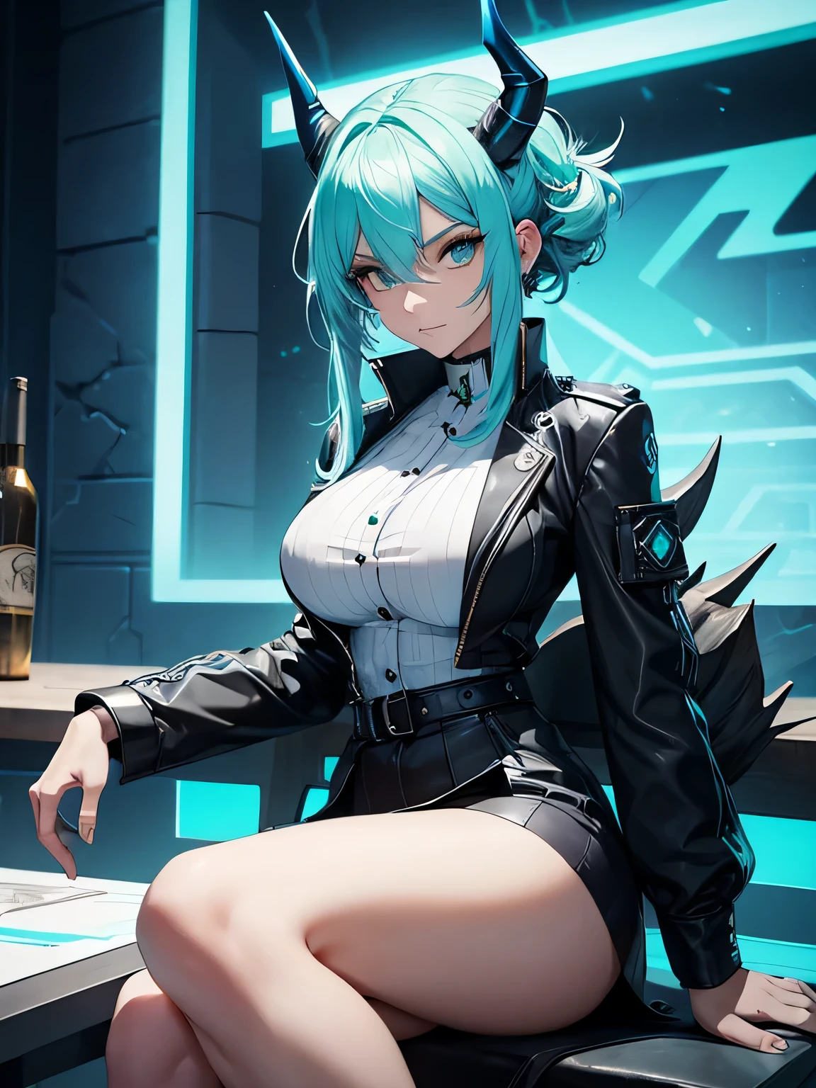 A mature half-dragon policewoman with blue crystal horns, long messy light blue green hair, e olhos turquesa, sits cross-legged seductively and with a sweet expression on the edge of a table. She is wearing a white shirt and a black skirt. A cena se passa em um ambiente vibrante de festa cyberpunk, pulsando com luzes neon e elementos futuristas