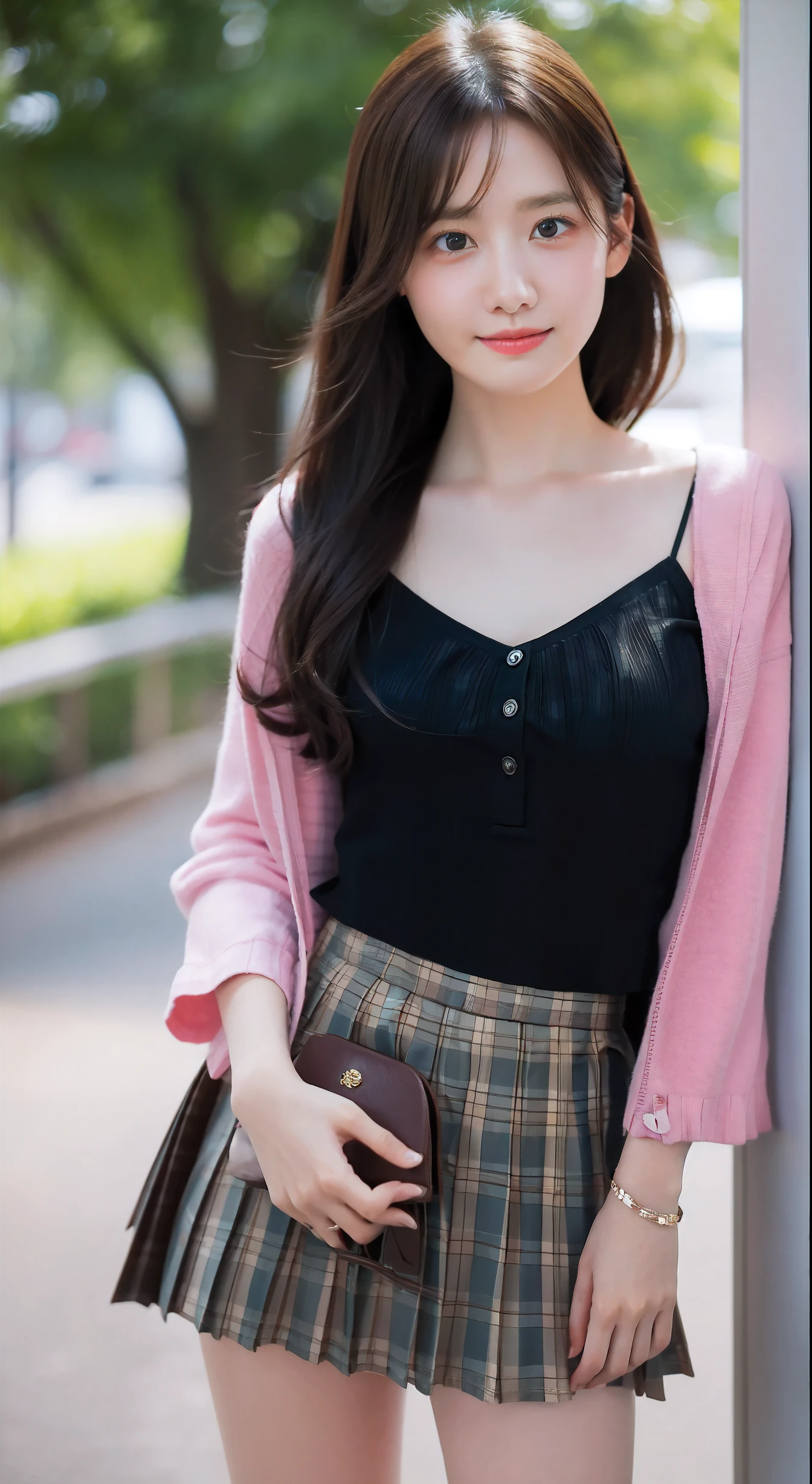 Smile、natta、Raw photography、(((Ultimate Beauty Portrait)))、((glistning skin))、女の子1人、 beautiful girl in Prague、bright expression、((brown haired))、(cleavage of the breast)、(plaid pleated skirt:1.5)、((Big eyes that shine like jewels))、open cardigan、Open your clothes、panthyhose、Glossy glossy skin、(Medium Hair)、(Silky Ponytail Hair)、(is standing)、(frombelow)、Under the skirt、Under the skirt、(Close-up of underwear from below)、eye liner、Beautiful bangs、Hair between the eyes、((masterpiece、top-quality、ultra-detailliert、Film Light、intricate-detail、hight resolution、ighly detailed))、细致背景、8KUHD、Digital SLR、Soft light、hightquality、Film grain、FujifilmXT3 、Shallow depth of field、natural soft light、Kamimei、Lush bust
