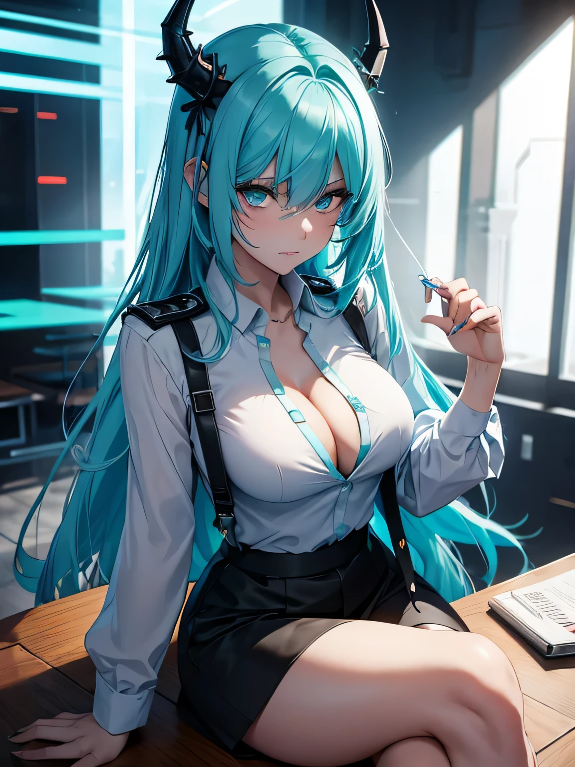 A mature half-dragon policewoman with blue crystal horns, long messy light blue green hair, e olhos turquesa, sits cross-legged seductively and with a sweet expression on the edge of a table. She is wearing a subtly unbuttoned white button-down shirt and a black skirt... A cena se passa em um ambiente vibrante de festa cyberpunk, pulsando com luzes neon e elementos futuristas
