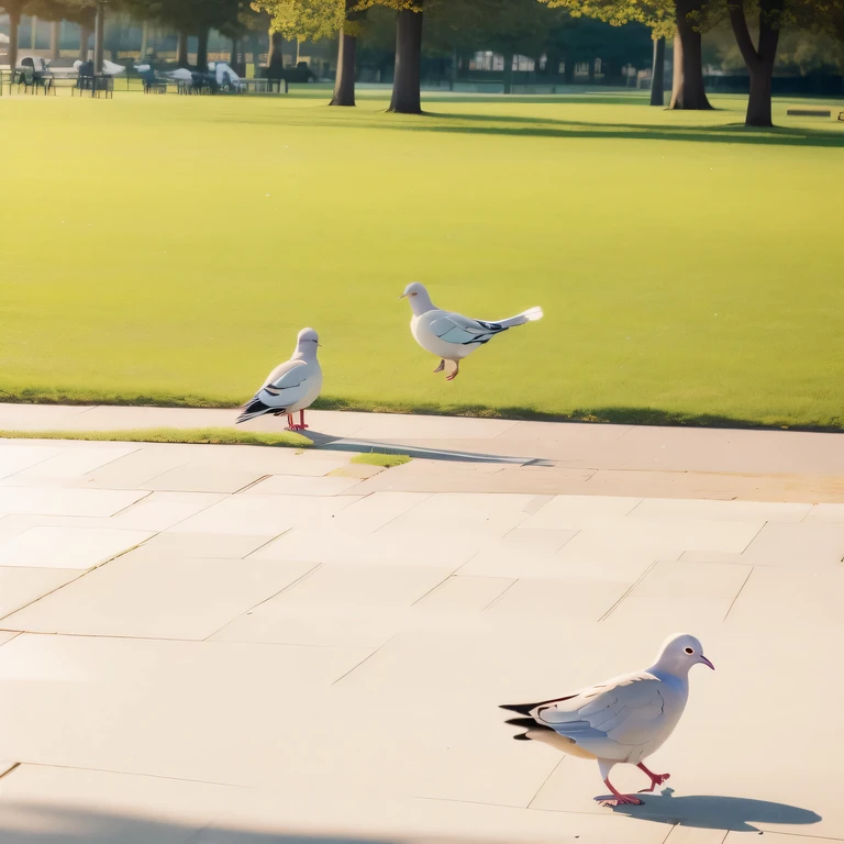 there are many doves walking around In the park together, In a city park, The bird is on the ground, on the park, with a park in the back ground, [ photos realistic ]!!, dove, on the park, In the park, park in background, photo taken with canon 5d, sunny day on the park, with a park in the background