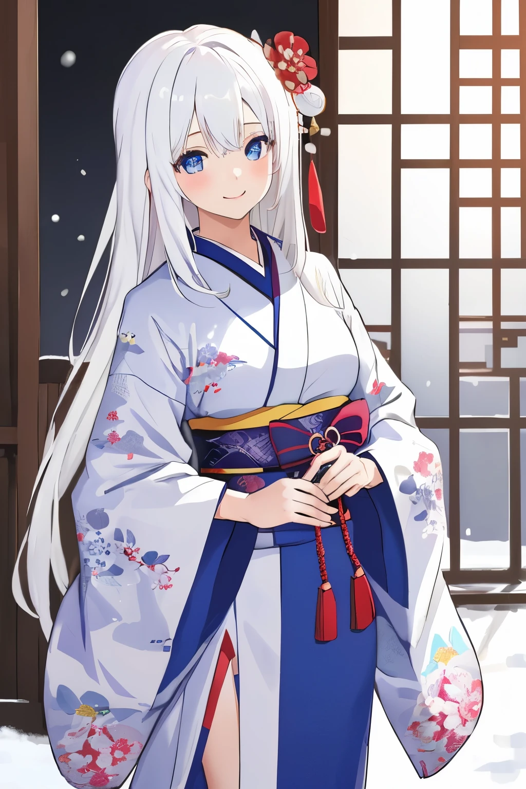 Chica anime, ((Masterpiece), top-quality, Top image quality, ((((solo)))), ((((white hair)))), long hair, Beautiful blue eyes, Shining eyes, dye one's cheeks red, smile, teens girl, 18yo, cute, {{{{floral printed kimono}}}}, wearing fusion kimono and yukata, side slit, surrounded by items representing the Japanese New Year, snow, 8k