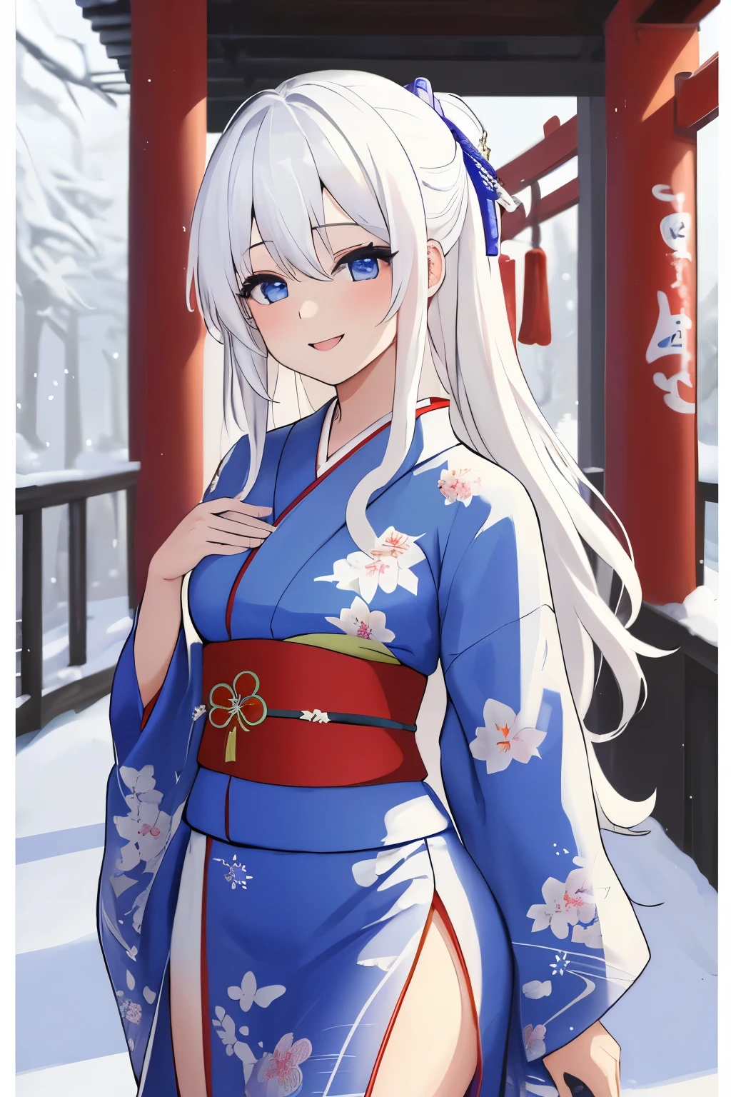 Chica anime, ((Masterpiece), top-quality, Top image quality, ((((solo)))), ((((white hair)))), long hair, Beautiful blue eyes, Shining eyes, dye one's cheeks red, smile, teens girl, 18yo, cute, {{{{floral printed kimono}}}}, wearing fusion kimono and yukata, side slit, surrounded by items representing the Japanese New Year, snow, 8k