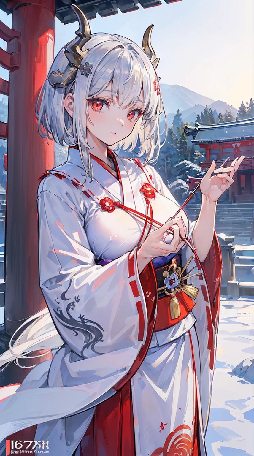 (((masterpiece))), (((highest quality))), ((ultra-detailed)), ((super fine illustration)), ((ultra-fine painting)), (upper body:1.4), (Highly detailed and delicate illustration style), super details, detailed skin texture, detailed cloth texture, extreme detailed description, (T-masterpiece), original, raw photo, professional, Intricate details, real, (Solo), ((A beautiful and cute girl who is a silver dragon and a shrine maiden:1.1)) BRAKE ((Silver dragon horns:1.6)), (Highly stylish and cool silver dragon horns:1.4), (Beautiful and shiny highly detailed and delicate silver short hair:1.4), (Beautiful clear and highly detailed red eyes:1.6), ((highly detailed face)), (Beautifully shaped breasts), (Beautifully shaped small buttocks), (smile:1.2), (look at the viewer), (standing:1.4), ((Very detailed, beautiful and perfect hands)), ((Very detailed, beautiful and perfect fingers)), ((Very detailed, beautiful and perfect fingertips)), ((perfect anatomy)) BRAKE (concept-art), ((Japanese details)), Majestic  silver dragon horns, The dragon's horns grow diagonally upwards:1.4, (Anime fantasy artwork) BRAKE (Very detailed and beautiful Ise Grand Shrine in Mie Prefecture just after noon in winter in the background:1.6), (Very detailed and beautiful Ise Grand Shrine:1.2), (Very detailed and beautiful torii gate of Ise Shrine:1.2), (Very detailed and beautiful grounds of Ise Shrine:1.2) BRAKE (16K highest quality wallpaper:1.4), (Highly detailed and beautiful sunny sky background just after noon:1.4) BRAKE ((Sacred and beautiful Japanese shrine maiden costume:1.2)), (sacred and beautiful white kimono:1.4), (A sacred and beautiful red long hakama:1.4), (Very detailed and beautiful Japanese traditional shrine maiden clothing:1.4), (Japanese traditional costume:1.2) BRAKE