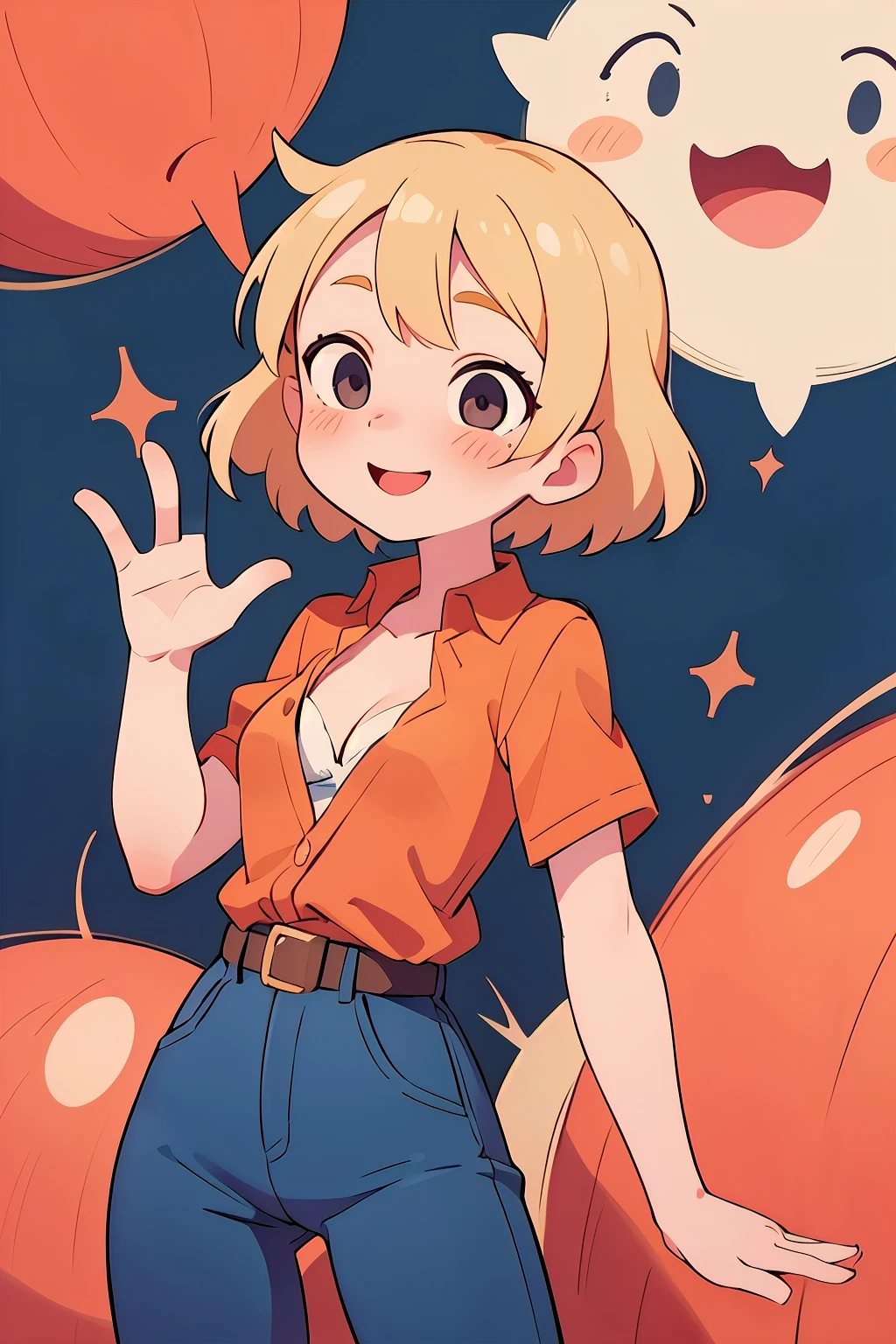 masterpiece, 4k, detailed, extreme detailed, hd, cowboy shot, blonde hair, medium blonde hair, medium breasts, cleavage, , young, legs exposed, thin waist, small frame, red, blushing, heavy blushing, strapless orange shirt, belt, blue pants, happy, smile, medium breasts, waving with right hand