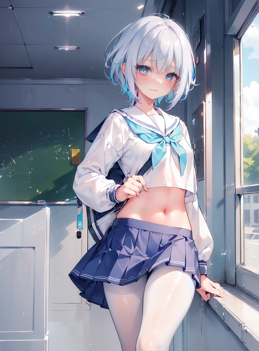 masterpiece, Highest quality, High resolution, MyMiku, short hair, teeth, , Red Bow, Collared shirt, Blue jacket, blazer, Long sleeve, Pleated skirt, Grey Skirt, Black knee socks, Cowboy Shot, anger, Are standing, locker room,Open the shirt,Skirt Lift,Panties in full view