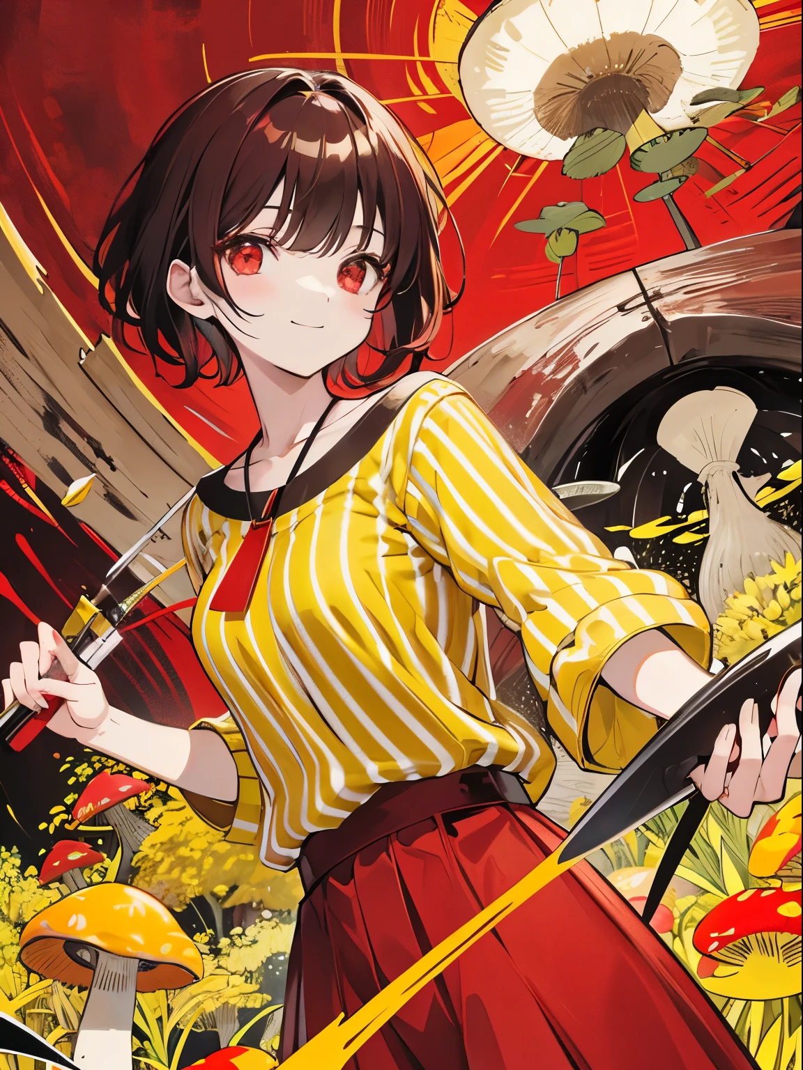 Red Eyes, girl, Holding a knife, yellow-green striped shirt with thick stripes, Red eyes glowing red, Head Tilted, mushroom head with short brown hair, With a clear smile on his face, chara, quadratic element, Stand among golden flowers with rays overhead