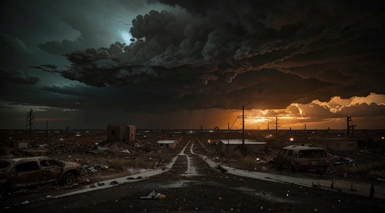 post-apocalyptic wasteland, personality: [Show a wide shot of a barren landscape, with crumbling buildings and decaying infrastructure. The sky is dark and ominous, with storm clouds rolling in. The ground is scorched and littered with debris. The overall atmosphere should feel desolate and abandoned, conveying the devastation of the world] unreal engine, hyper real