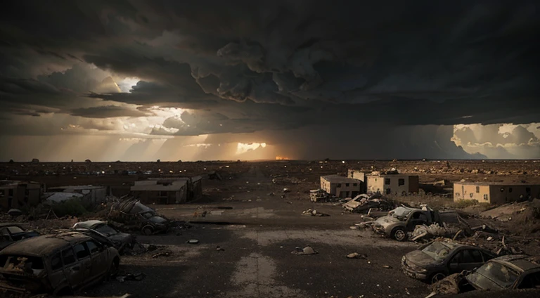 post-apocalyptic wasteland, personality: [Show a wide shot of a barren landscape, with crumbling buildings and decaying infrastructure. The sky is dark and ominous, with storm clouds rolling in. The ground is scorched and littered with debris. The overall atmosphere should feel desolate and abandoned, conveying the devastation of the world] unreal engine, hyper real
