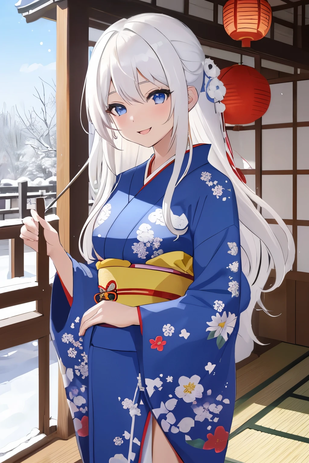 Chica anime, ((Masterpiece), top-quality, Top image quality, ((((solo)))), ((((white hair)))), long hair, Beautiful blue eyes, Shining eyes, dye one's cheeks red, smile, teens girl, 18yo, cute, {{{{floral printed kimono}}}}, wearing fusion kimono and yukata, side slit, surrounded by items representing the Japanese New Year, snow, 8k