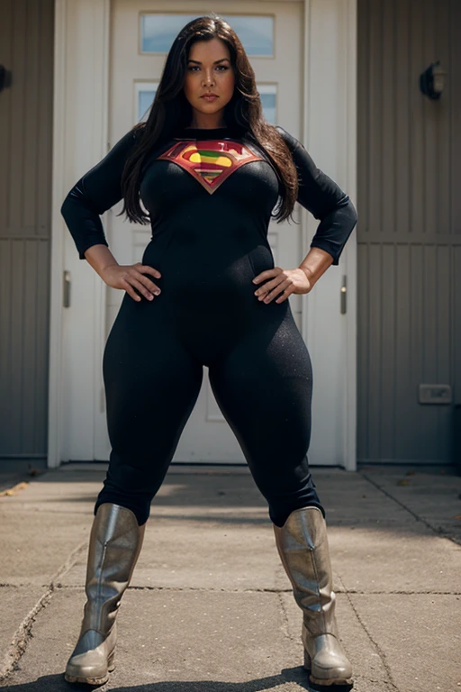 bbw superheroine, full body, mature, spandex, sweat, long boots,
