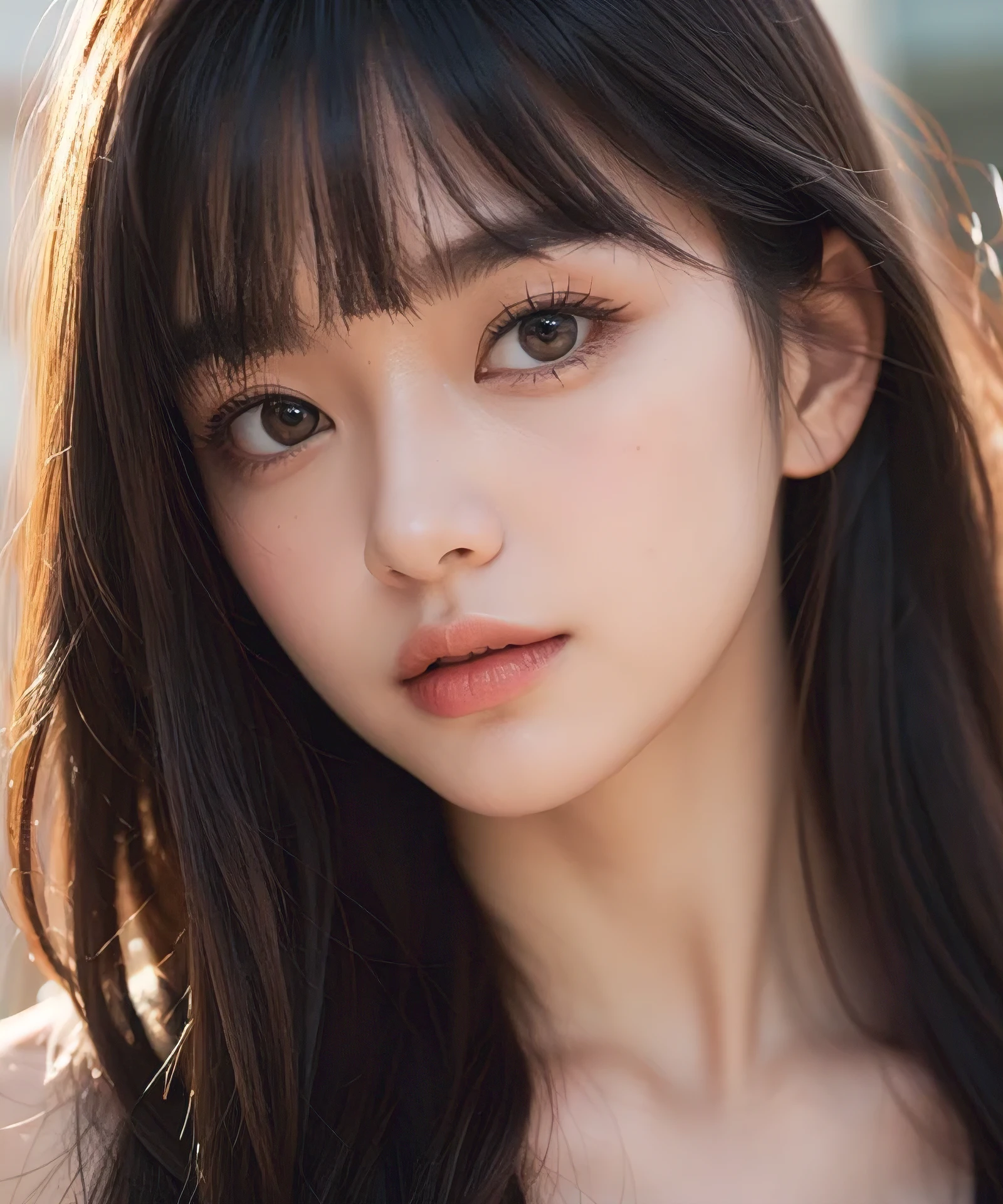 upperbody shot、front-facing view、a Japanese young pretty woman、Gentle face、hyper cute face、shiny lips、Double eyelids in both eyes、Natural makeup, long eyeslashes、Long bob hair shiny smooth light brown hair、Hair swaying in the wind, asymmetrical bangs、Headframe、image in center、8K、high detailing、detailed hairstyle、A detailed face、spectacular movie lighting、octane renderings、with a vibrant、Ultra-realistic、Perfect limbs、perfect anatomia