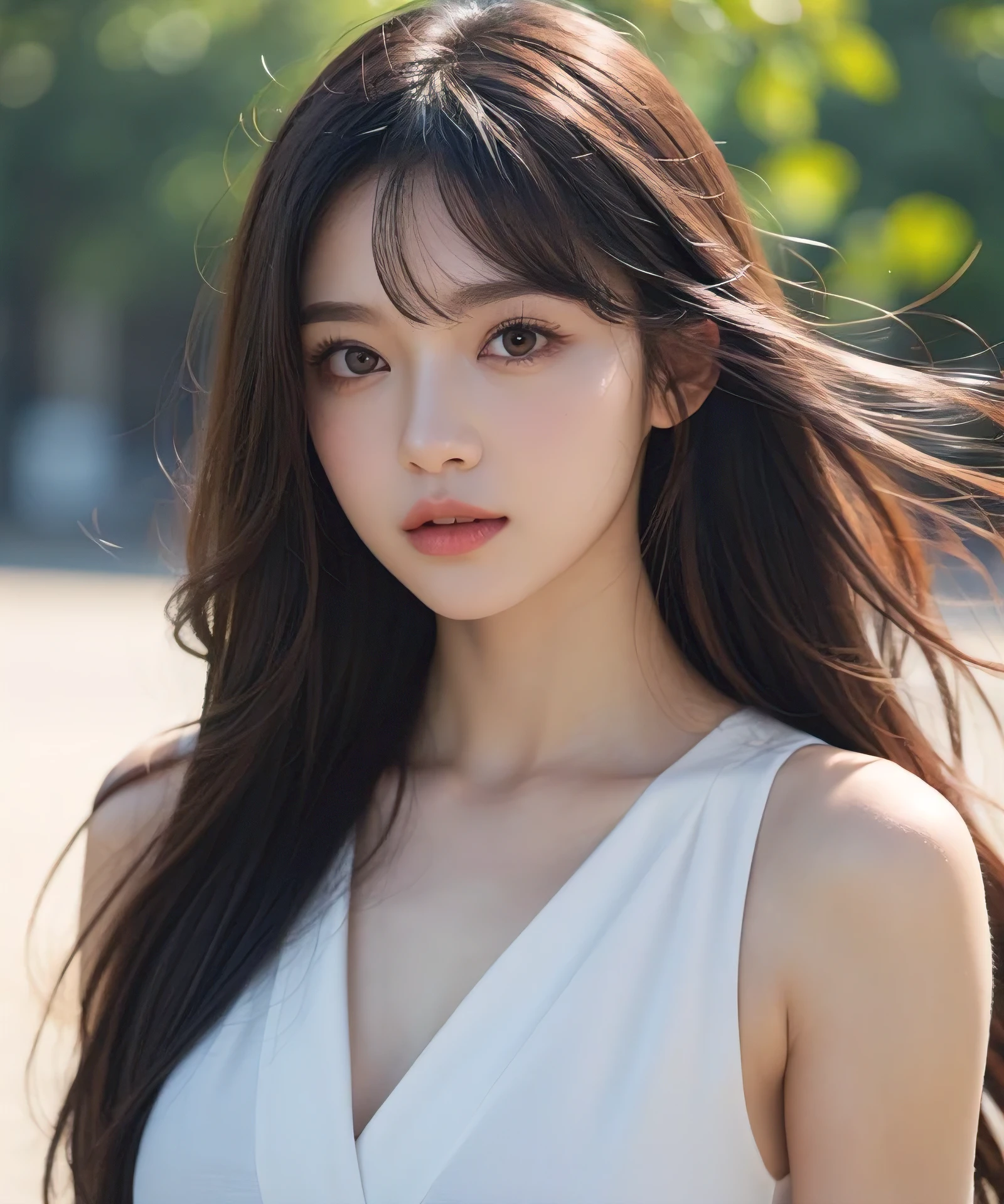 upperbody shot、front-facing view、a Japanese young pretty woman、Gentle face、hyper cute face、shiny lips、Double eyelids in both eyes、Natural makeup, long eyeslashes、Long bob hair shiny smooth light brown hair、Hair swaying in the wind, asymmetrical bangs、Headframe、image in center、8K、high detailing、detailed hairstyle、A detailed face、spectacular movie lighting、octane renderings、with a vibrant、Ultra-realistic、Perfect limbs、perfect anatomia