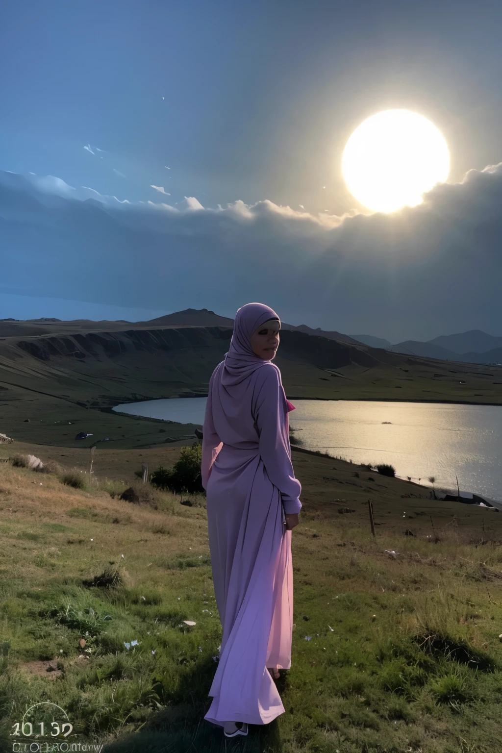 (Foto realism: 1.4), (hyper realisitc: 1.4), (actual: 1.3), (gentlesoftlighting: 1.05), cinematic, beautiful lady, 30 years old, side view of the muslim girl with hijab and the mountain, walking toward the top of a mountain, night panoramic shot, full gigantic moon in the horizon illuminating the top of the mountain,  light purple long dress, wind blowing the dress.