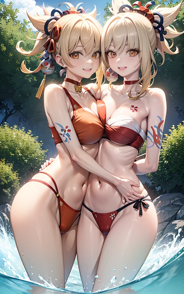 2 girls smiling in water in bathtub,No teeth exposed. Female twins, vibrant with colors,natural lightting, Best quality at best, Chest to chest, hugging eachother, sunny masterpiece, Navel Exposed, face flushed, Orange swimsuit hugging each other' , full, 饱full big breast 露肚脐 2