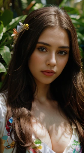 (best quality,ultra-detailed,photorealistic),young woman,beautiful eyes,detailed lips,pensive expression, soft lighting,vibrant colors, long flowing hair, stylish traditional outfit, jungle background,colorful flowers,natural sunlight,serene atmosphere, hourglass figure, 4k details, sad face