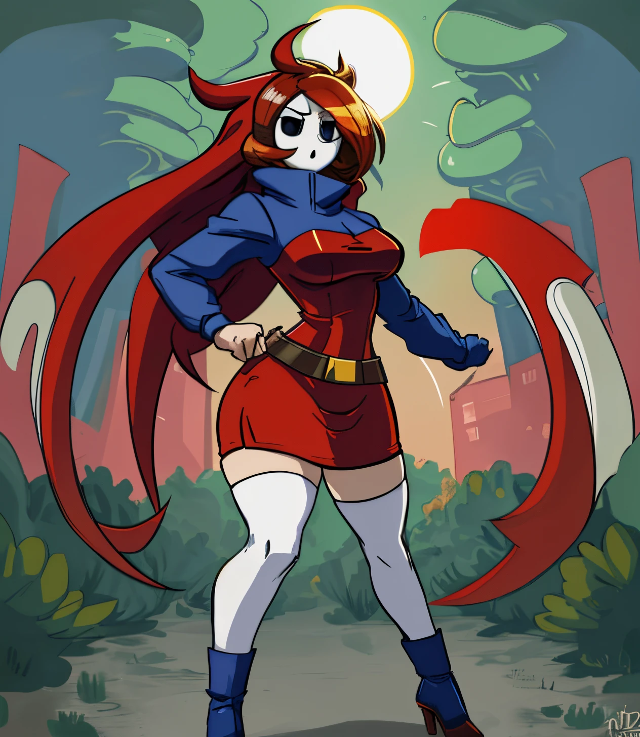 [shy gal], ((beautiful 2D art)), ((solo portrait)), ((full body)), ((front view)), ((High quality)), ((anime)), ((detailed shading)), ((intricate details)), {(shy guy), (woman body), (shy guy mask), brown hair, Android 21 styled hair, beautiful legs, (curvaceous hips)}, {(solid red and blue cloth dress), (short red pencil skirt), red hood, brown belts, white lab coat (white over-knee socks), (red and blue heel boots), (red and blue shoes)}, {(standing)} [Background; (forest), (sunny), (trees), (sun rays through trees)]