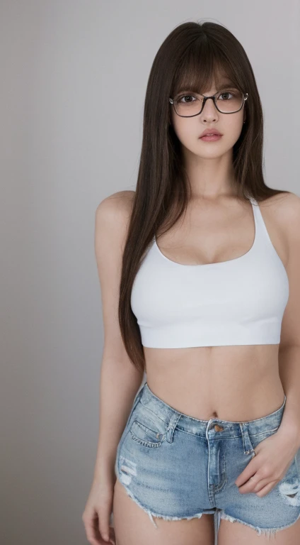 ((Realistic lighting, Best quality, 8K, Masterpiece: 1.3)), Clear focus: 1.2, 1girl, Perfect Figure: 1.4, Slim Abs: 1.1, ((Dark brown hair)), (White crop top: 1.4), (shorts jeans:1.3),(Outdoor, Night: 1.1), City streets, Super fine face, Fine eyes, Double eyelids, ( long hair bangs:1.4),( glasses:1.3),(busty breasts:1.5)