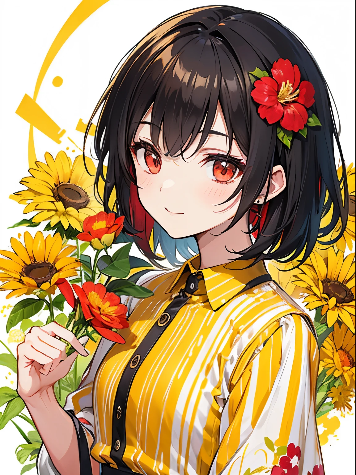 Red Eyes, girl, holding a single flower, yellow-green striped shirt with thick stripes, Red eyes glowing red, Head Tilted, short brown haired, With a clear smile on his face, chara, quadratic element, Stand among golden flowers with rays overhead