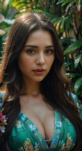 (best quality,ultra-detailed,photorealistic),young woman,beautiful eyes,detailed lips,pensive expression, soft lighting,vibrant colors, long flowing hair, stylish traditional outfit, jungle background,colorful flowers,natural sunlight,serene atmosphere, hourglass figure, 4k details, crying face