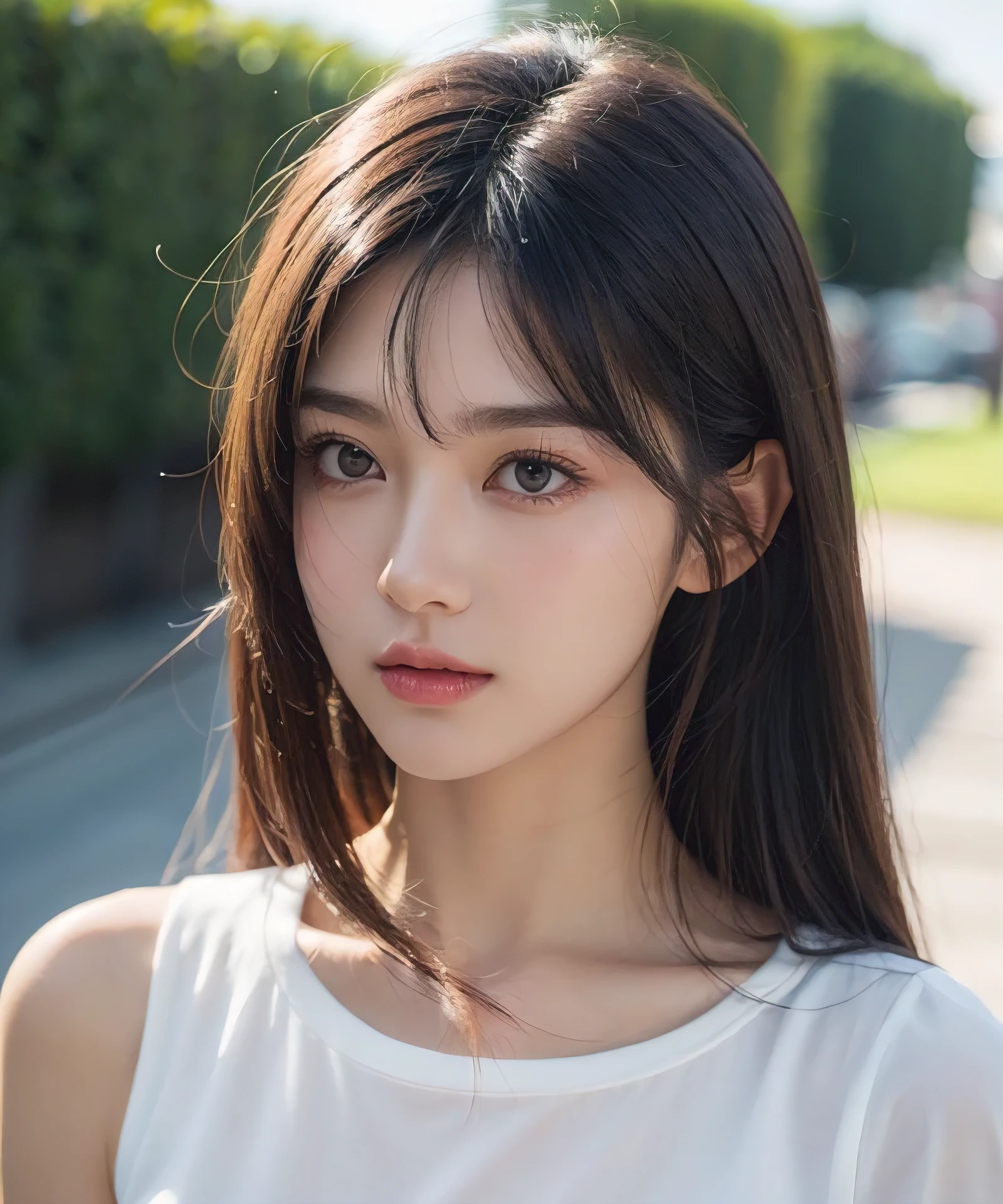 upperbody shot、front-facing view、a Japanese young pretty woman、Gentle face、hyper cute face、shiny lips、Double eyelids in both eyes、Natural makeup, long eyeslashes、Long bob hair shiny smooth light brown hair、Hair swaying in the wind, asymmetrical bangs、Headframe、image in center、8K、high detailing、detailed hairstyle、A detailed face、spectacular movie lighting、octane renderings、with a vibrant、Ultra-realistic、Perfect limbs、perfect anatomia