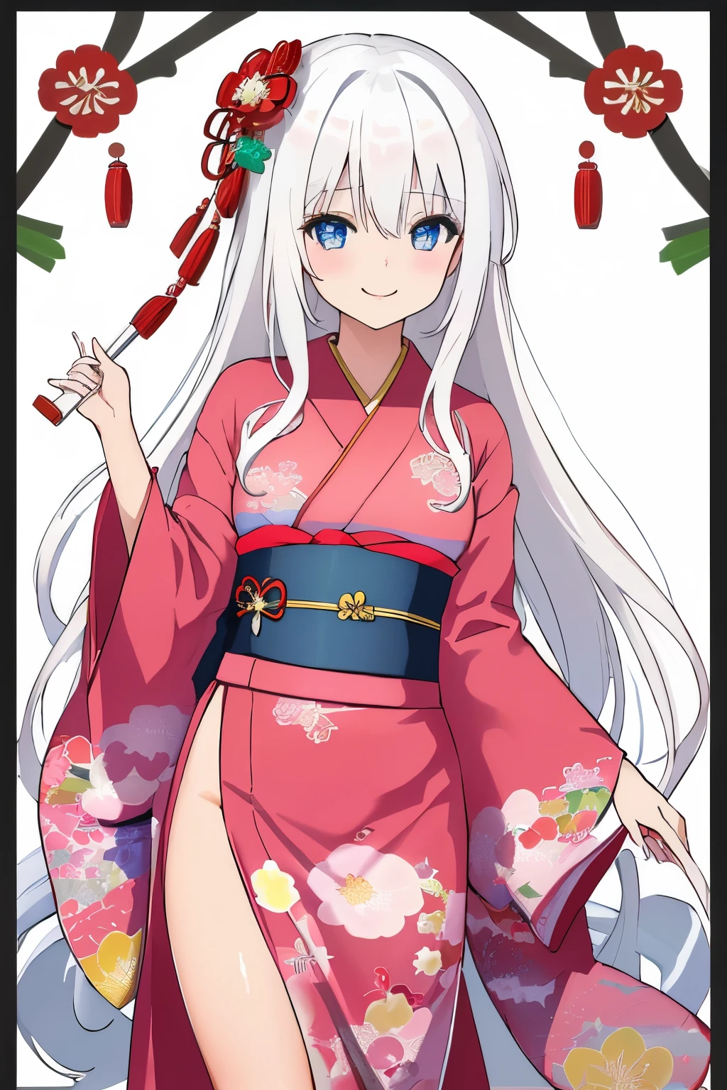 Chica anime, ((Masterpiece), top-quality, Top image quality, ((((solo)))), ((((white hair)))), long hair, Beautiful blue eyes, Shining eyes, dye one's cheeks red, smile, teens girl, 18yo, cute, {{{{pink floral printed kimono}}}}, wearing fusion kimono and yukata, side slit, surrounded by items representing the Japanese New Year, snow, 8k