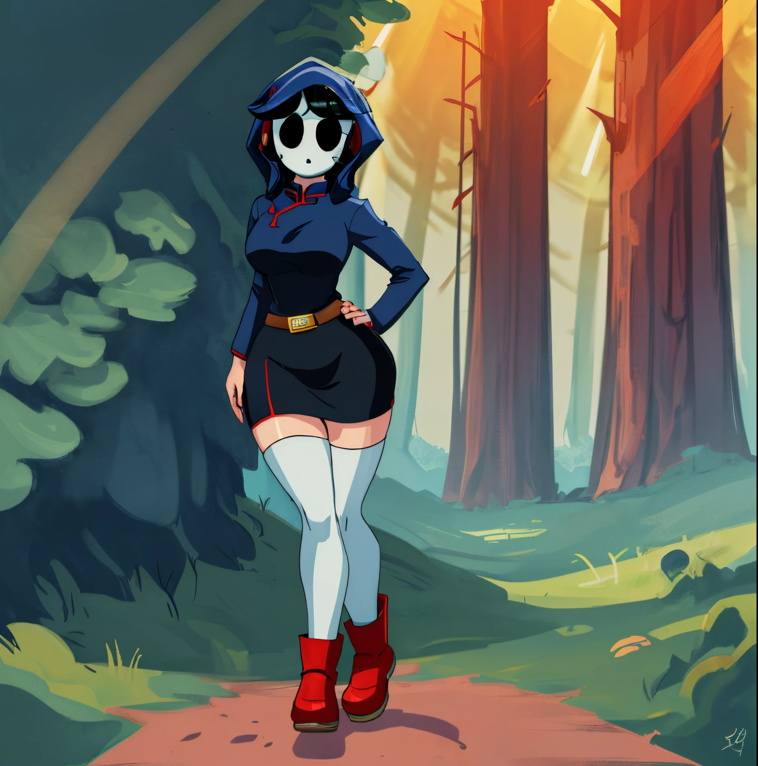 [shy gal], ((beautiful 2D art)), ((solo portrait)), ((full body)), ((front view)), ((High quality)), ((anime)), ((detailed shading)), ((intricate details)), {(shy guy), (woman body), (shy guy mask), black hair, Chi-Chi styled hair, beautiful legs, (curvaceous hips)}, {(solid blue and red cheongsam cloth dress), (short blue and red pencil skirt), blue hood, brown belts, (white over-knee socks), (red heel boots), (red shoes)}, {(standing)} [Background; (forest), (sunny), (trees), (sun rays through trees)]