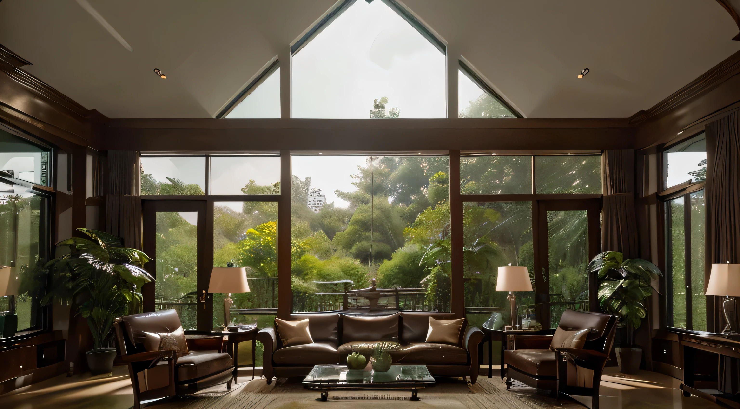 This image shows an architecturally striking living room，Features high ceilings and large glass windows，Panorama of lush greenery. The interior design has a modern yet comfortable aesthetic, Furnished with a range of dark-toned furniture，Give the space a luxurious feel. Seating consists of plush sofas and armchairs，Arranged around a central low coffee table. Additionally, Room decoration with various lighting options, Books, and decorative items that add personality and warmth... The space effortlessly blends indoor luxury with the beauty of the natural surroundings outdoors.