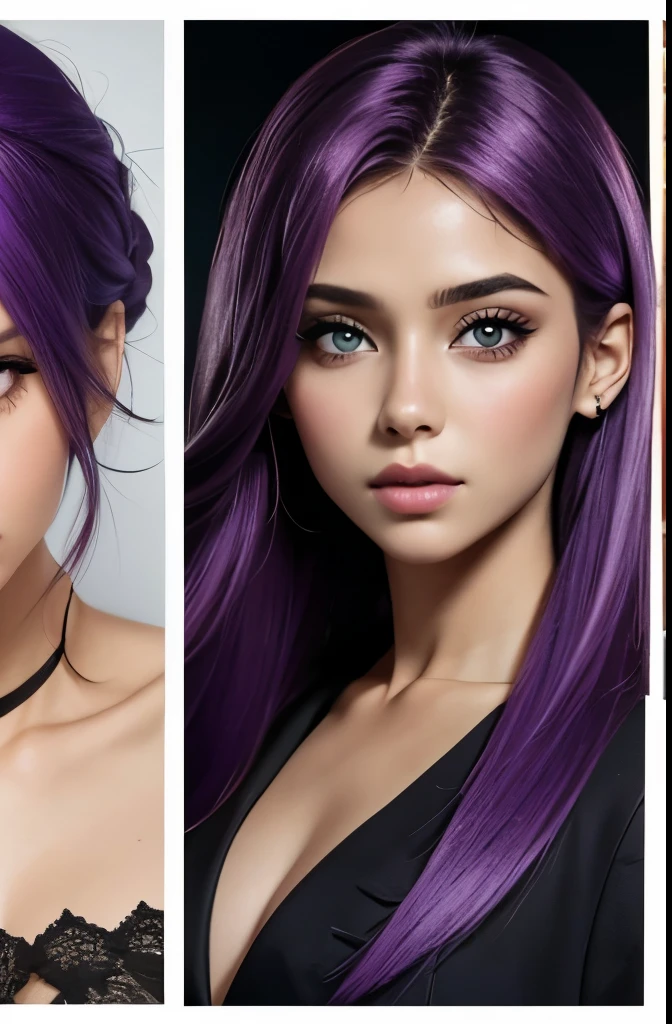 personagem com olhos vermelhos e cabelo roxo
