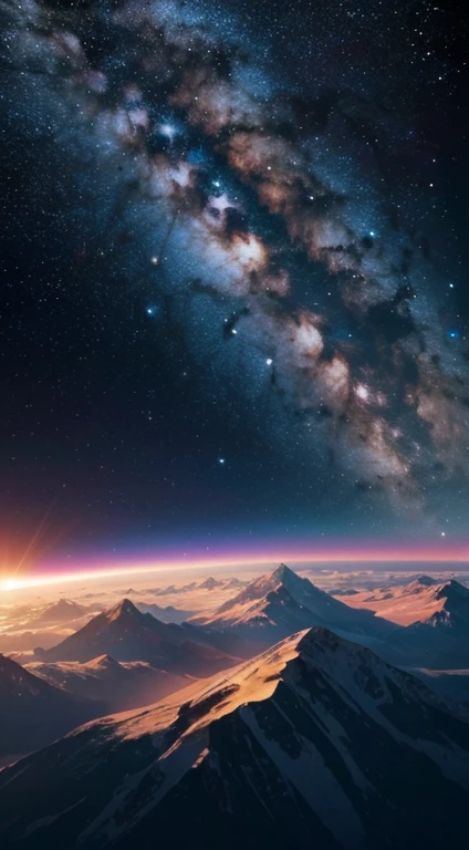 Um astronauta em um planeta lindo com cores alaranjadas e uma cordilheira sentado ao lado de seu foguete com uma vista para um vale com montanhas em volta, seeing an intergalactic war in space (fotografia profissional,em alta qualidade,imagem super realista)