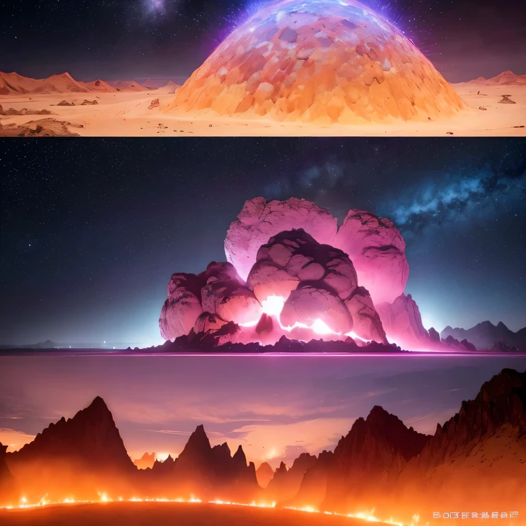 Strange photos of heavy metal planetary clouds, Electron microscopy photography, Tissue engineering, Infrared spectroscopy, Statistical mechanics, Dada Photo Montage, future proposals, Mark Caseley, quantum level ,Light orange style，Purple pink series，Alien Hexagonal Base (Nipples are very delicate) In a hexagonal mountain oasis，There are several hexagonal exhaust fans and chimneys, some neon lights project from the base，Light up the night), There are some clouds in the night sky, Some surrounding planets provide air to unknown planets，The most remote giant hexagonal volcano erupts，the rainforest