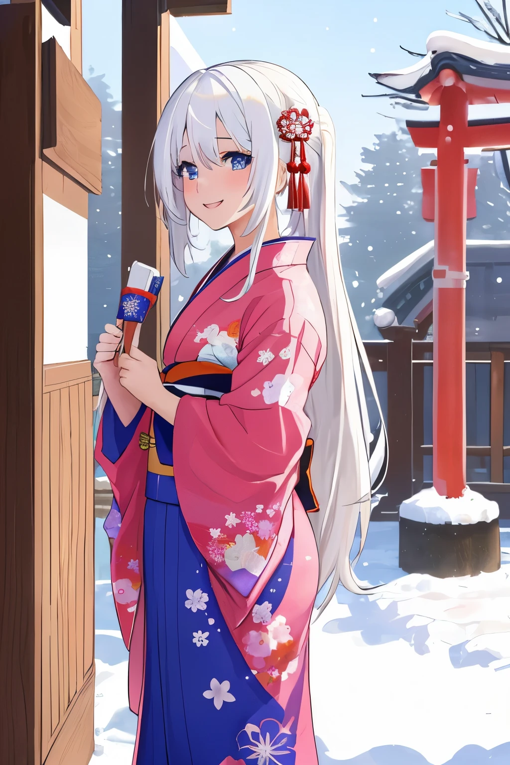 Chica anime, ((Masterpiece), top-quality, Top image quality, ((((solo)))), ((((white hair)))), long hair, Beautiful blue eyes, Shining eyes, dye one's cheeks red, smile, teens girl, 18yo, cute, {{{{pink floral printed kimono}}}}, wearing fusion kimono and yukata, side slit, surrounded by items representing the Japanese New Year, snow, 8k