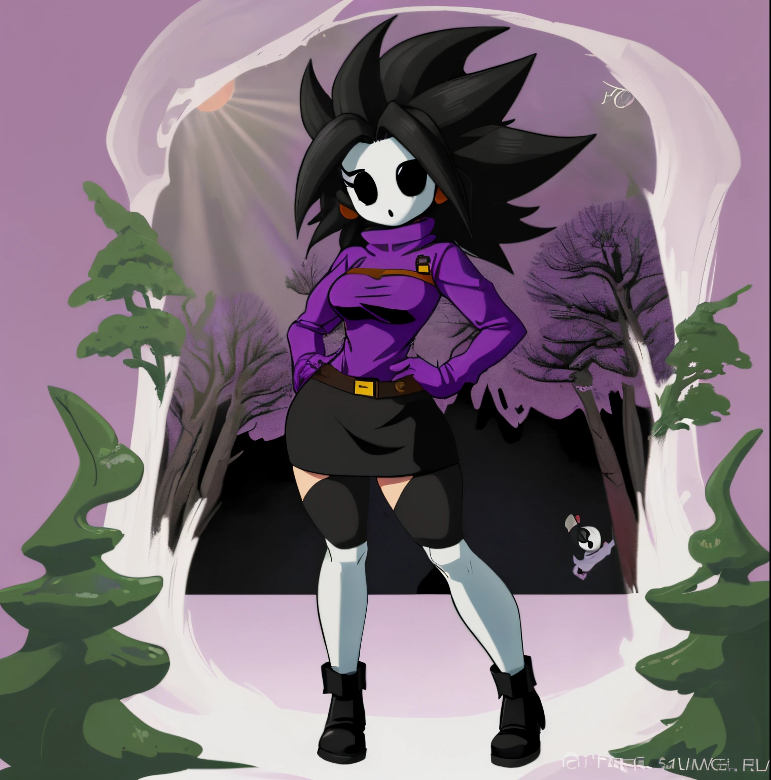 [shy gal], ((beautiful 2D art)), ((solo portrait)), ((full body)), ((front view)), ((High quality)), ((anime)), ((detailed shading)), ((intricate details)), {(shy guy), (woman body), (shy guy mask), black hair, Caulifla styled hair, beautiful legs, (curvaceous hips)}, {(solid magenta cloth dress), (short purple pencil skirt), magenta hood, brown belts, (white over-knee socklack heel bootlack shoes)}, {(standing)} [Background; (forest), (sunny), (trees), (sun rays through trees)]