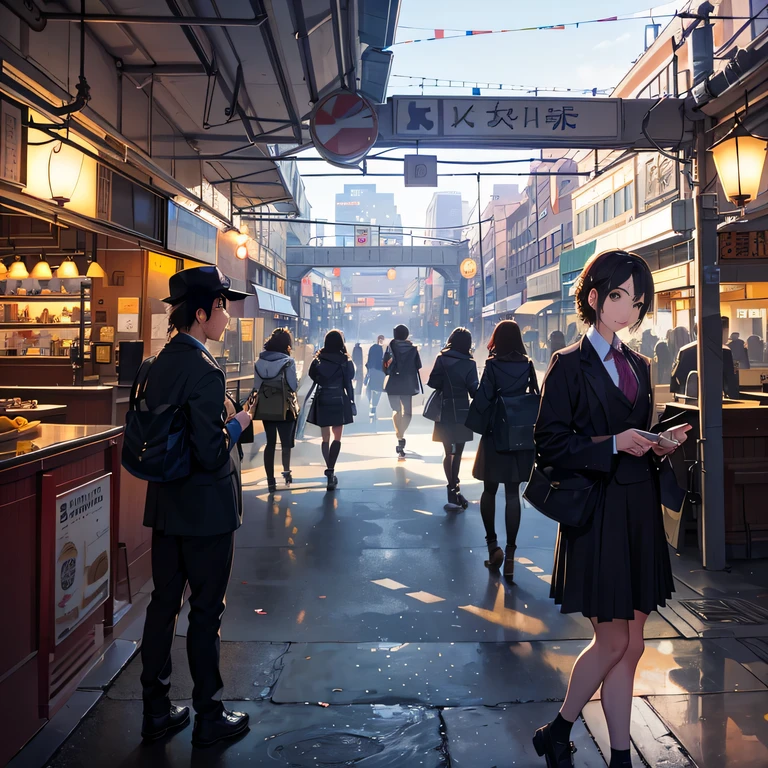 People walking down a street in a busy city with shops - SeaArt AI