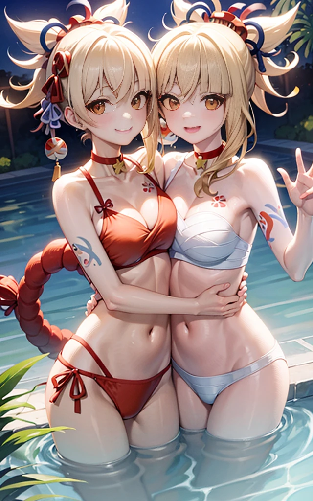 Two girls of the same height smiling in the water，No teeth exposed. Female twins， bright colors，natural lighting, best quality, Chest to chest, A masterpiece of two arms embracing the sun, Navel exposed, blush, Navel exposed, Orange swimsuit, full, excellent, Next to each other, The breasts are close to each other, Slim 2 girls huge breasts clear 4k as tall