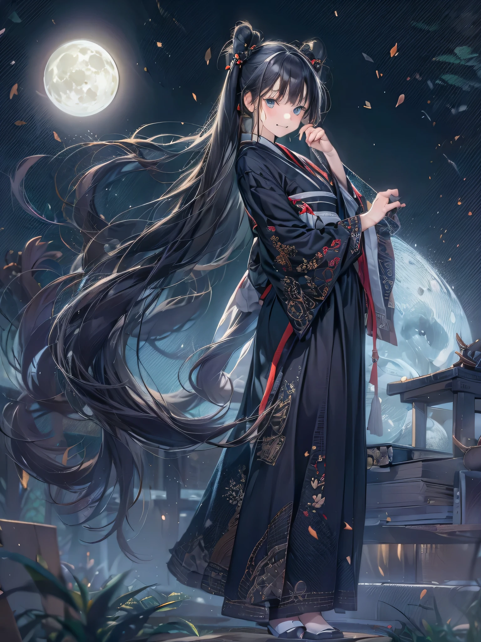 teen girl solo, Spoiled face, Black twin tail hair, black hanfu dress, Standing, At night, Big Full Moon