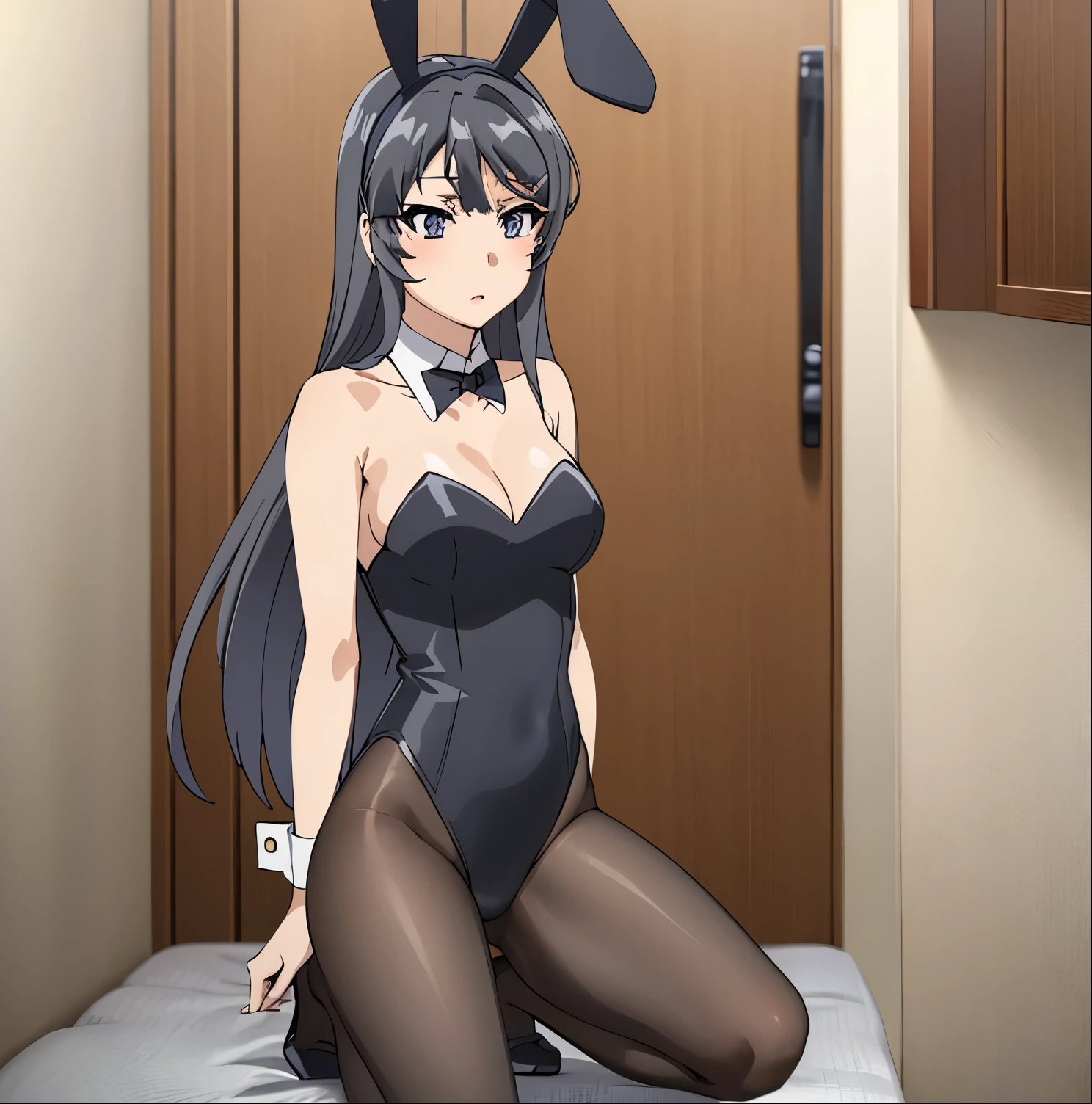 Mai Sakurajima, 1 girl, alone, long hair, looking at viewer, black hair, bow, animal ears, tail, pantyhose, bow tie, bunny ears, black eyes, leotard, lips, wristbands, black pantyhose, kneeling, bed, black bow, loose collar, artificial animal ears, playboy bunny, bunny tail, black leotard, black bow tie , large breasts, medium waist, wide hips, medium thighs, excellent anatomy, excellent hands