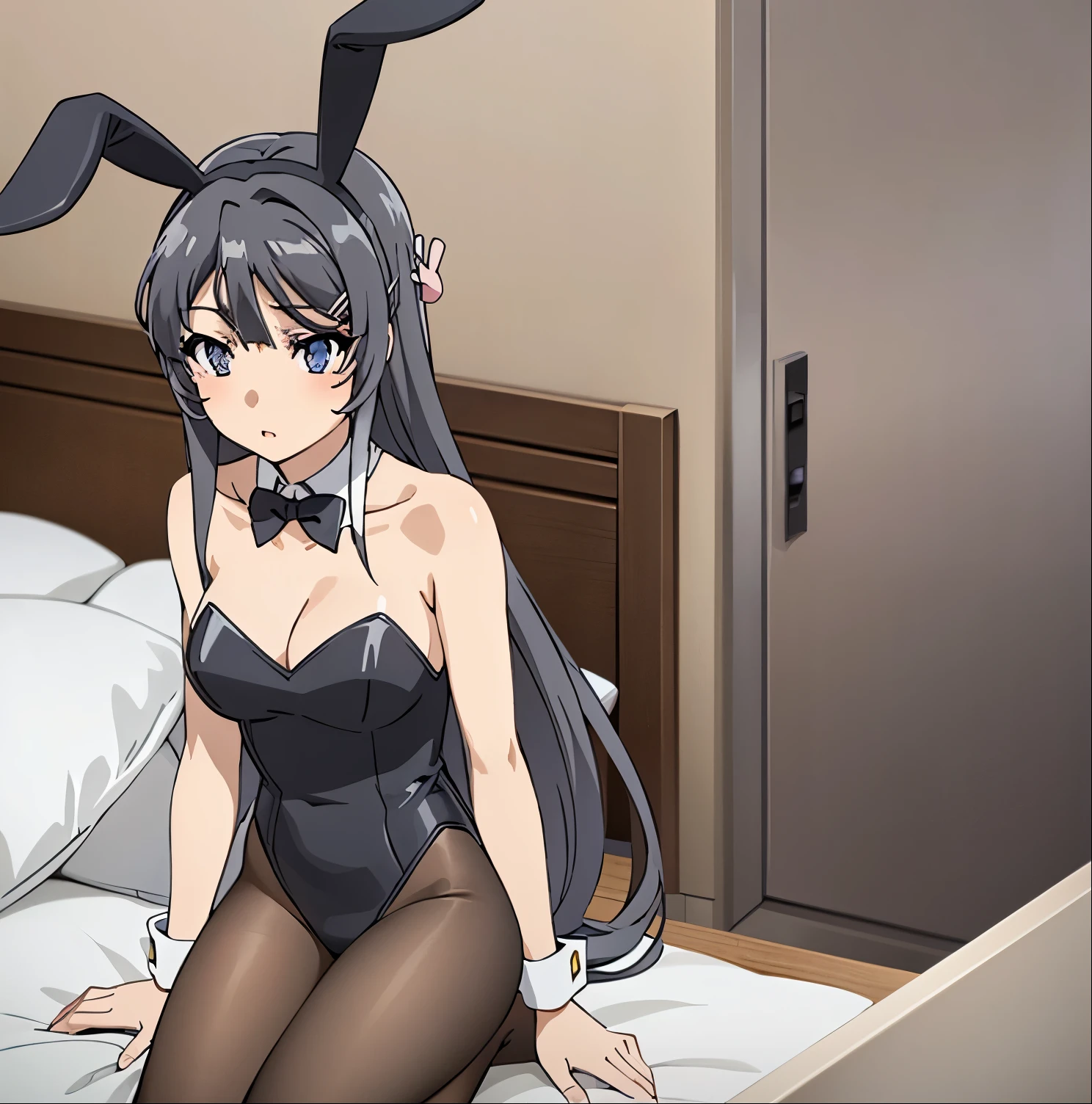 Mai Sakurajima, 1 girl, alone, long hair, looking at viewer, black hair, bow, animal ears, tail, pantyhose, bow tie, bunny ears, black eyes, leotard, lips, wristbands, black pantyhose, kneeling, bed, black bow, loose collar, artificial animal ears, playboy bunny, bunny tail, black leotard, black bow tie , large breasts, medium waist, wide hips, medium thighs, excellent anatomy, excellent hands