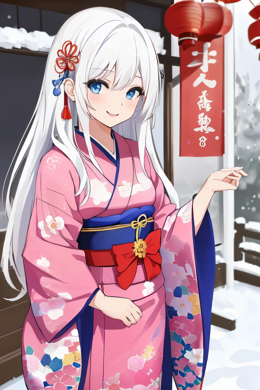 Chica anime, ((Masterpiece), top-quality, Top image quality, ((((solo)))), ((((white hair)))), long hair, Beautiful blue eyes, Shining eyes, dye one's cheeks red, smile, teens girl, 18yo, cute, {{{{pink floral printed kimono}}}}, wearing fusion kimono and yukata, side slit, surrounded by items representing the Japanese New Year, snow, 8k