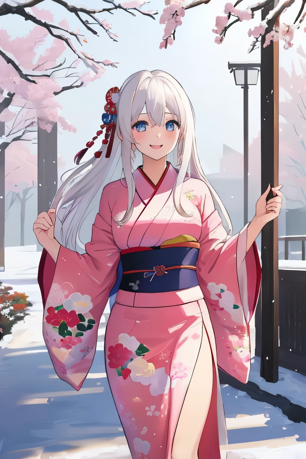 Chica anime, ((Masterpiece), top-quality, Top image quality, ((((solo)))), ((((white hair)))), long hair, Beautiful blue eyes, Shining eyes, dye one's cheeks red, smile, teens girl, 18yo, cute, {{{{pink floral printed kimono}}}}, wearing fusion kimono and yukata, side slit, surrounded by items representing the Japanese New Year, snow, 8k