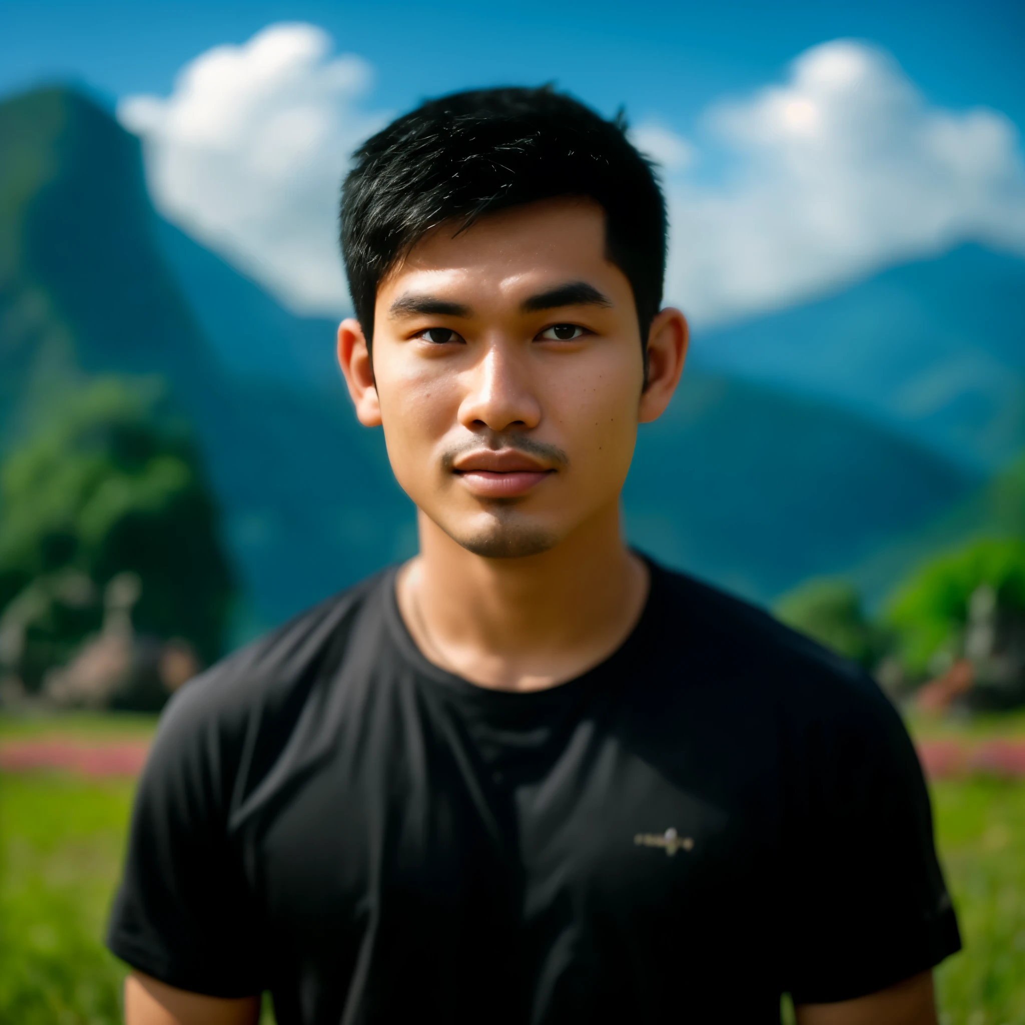 there is a man standing in a field with mountains in the background, nivanh chanthara, profile picture 1024px, damien tran, darren quach, south east asian with round face, david luong, rick dai, bao pham, hoang long ly, thawan duchanee, ngai victo, quy ho
