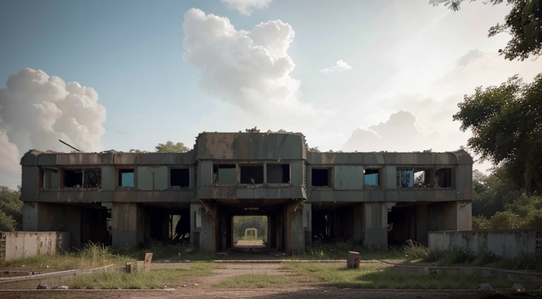 abandoned military base, personality: [Illustrate a shot of an abandoned high-tech military base, overgrown with vegetation. The buildings are partially destroyed, with broken windows and crumbling walls. The once imposing and powerful structure now stands as a haunting reminder of a bygone era. The atmosphere should feel eerie and filled with mystery] unreal engine, hyper real