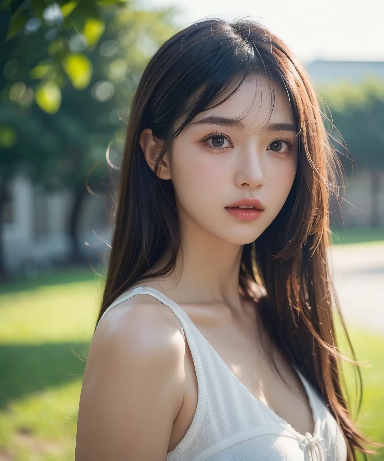 upperbody shot、front-facing view、a Japanese young pretty woman、Gentle face、hyper cute face、shiny lips、Double eyelids in both eyes、Natural makeup, long eyeslashes、Back Light, Bob Hair Tweeny Smooth Light Brown Hair、Hair swaying in the wind, asymmetrical bangs、Headframe、image in center、8K、high detailing、detailed hairstyle、A detailed face、spectacular movie lighting、octane renderings、with a vibrant、Ultra-realistic、Perfect limbs、perfect anatomia