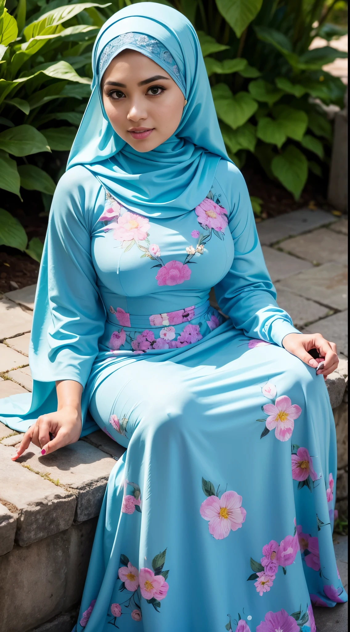 ( Close Up),RAW, Best quality, high resolution, masterpiece: 1.3), beautiful Malay woman in hijab, Masterpiece, perfect body, Big breasts, thick thighs, beautiful big eyes, mole under the eyes, long eyelashes, big eyes, beutifull face, Soft smile, woman wearing a blue floral dress standing on steps, modest flowing gown, inspired by Nazmi Ziya Güran, turqouise, flowery dress, wearing a long flowery dress, idian dress, long dress female, floral art novuea dress, full covered dress, detailed picture, icey blue dress, inspired by Shaddy Safadi illustrious clothes Soft turtleneck, evening walk, garden park, Great lighting, Bright colors, Clean lines
