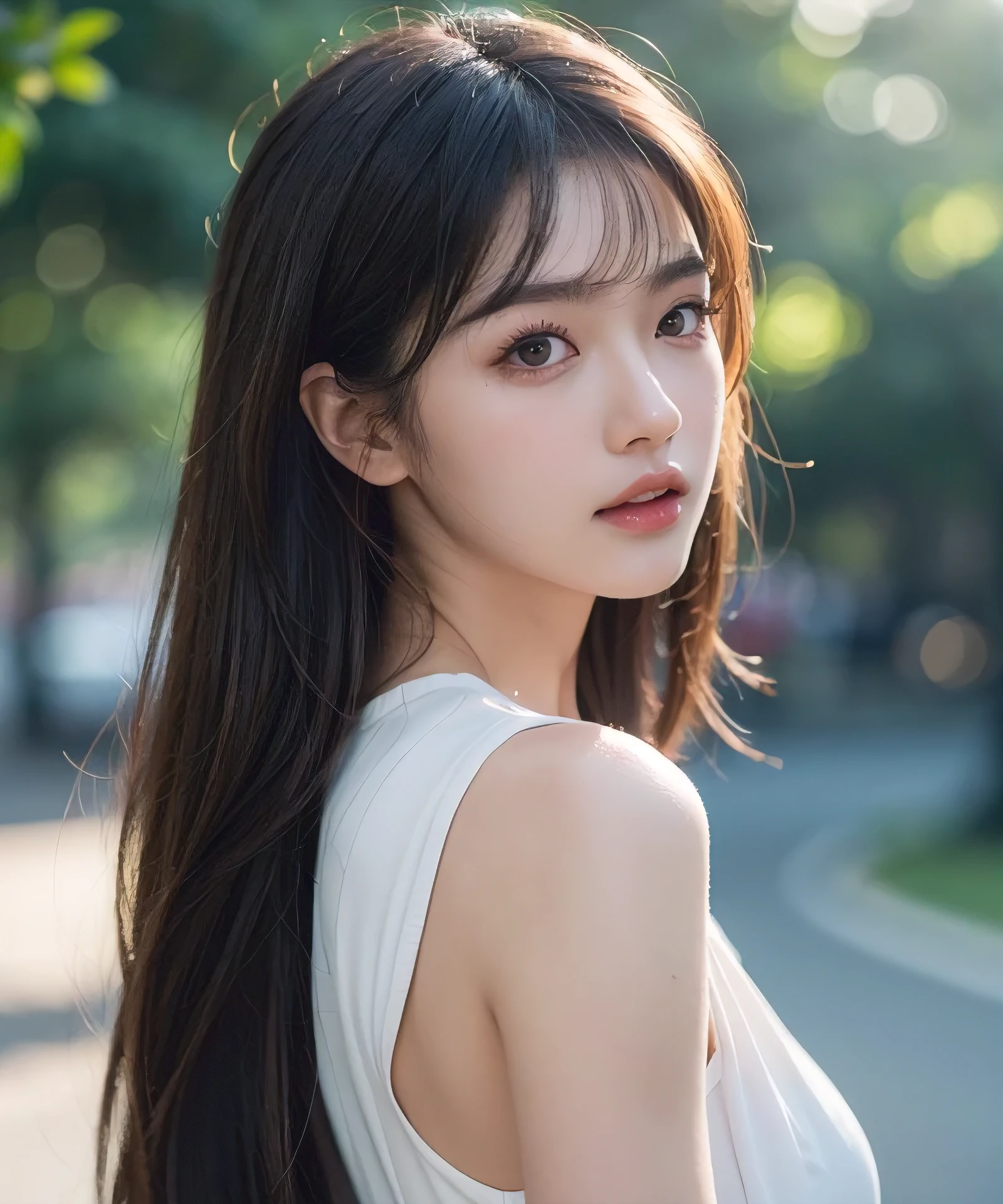 upperbody shot、front-facing view、a Japanese young pretty woman、Gentle face、hyper cute face、shiny lips、Double eyelids in both eyes、Natural makeup, long eyeslashes、Back Light, Bob Hair Tweeny Smooth Light Brown Hair、Hair swaying in the wind, asymmetrical bangs、Headframe、image in center、8K、high detailing、detailed hairstyle、A detailed face、spectacular movie lighting、octane renderings、with a vibrant、Ultra-realistic、Perfect limbs、perfect anatomia