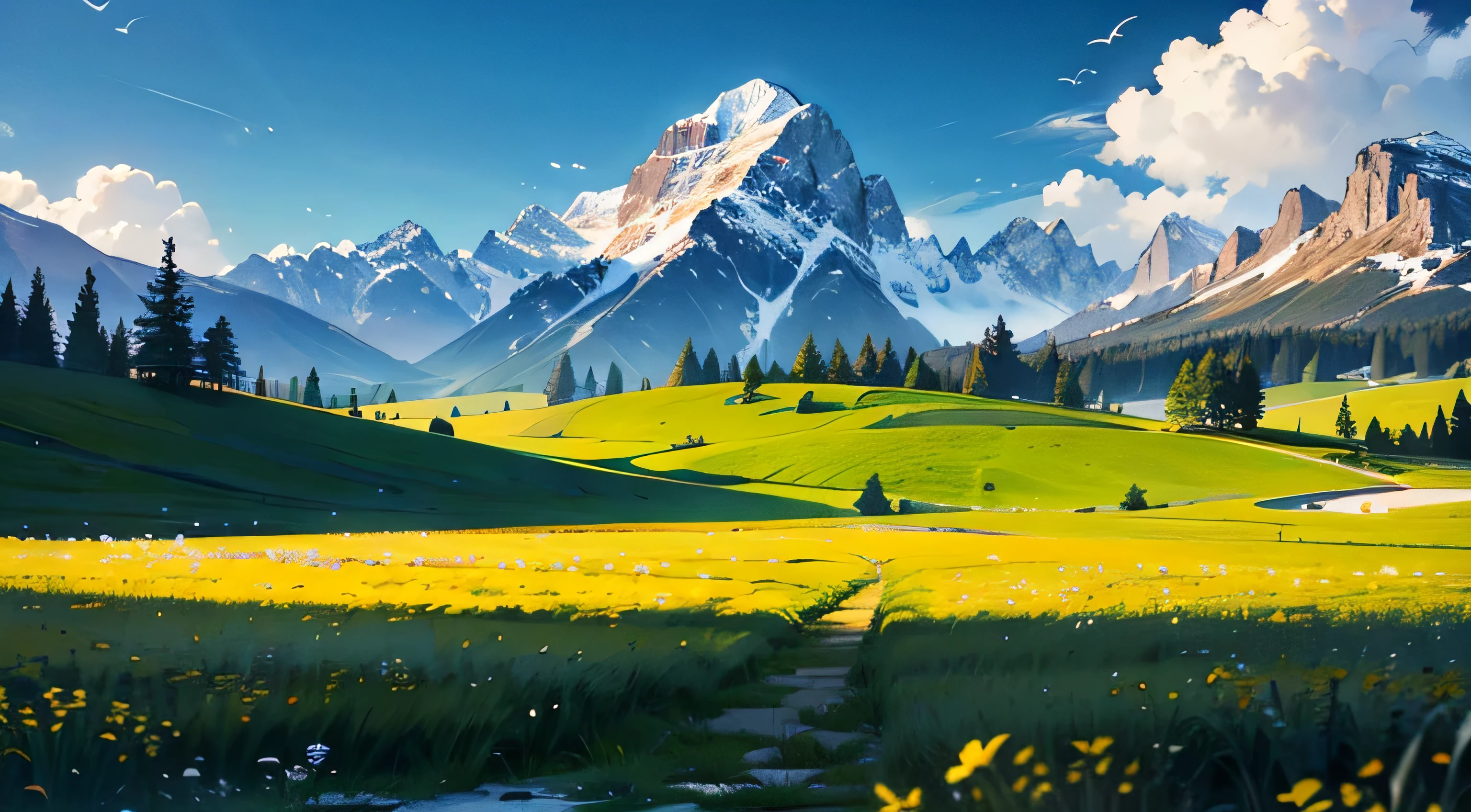 background,masterpiece,best quality,meadow,mountain
