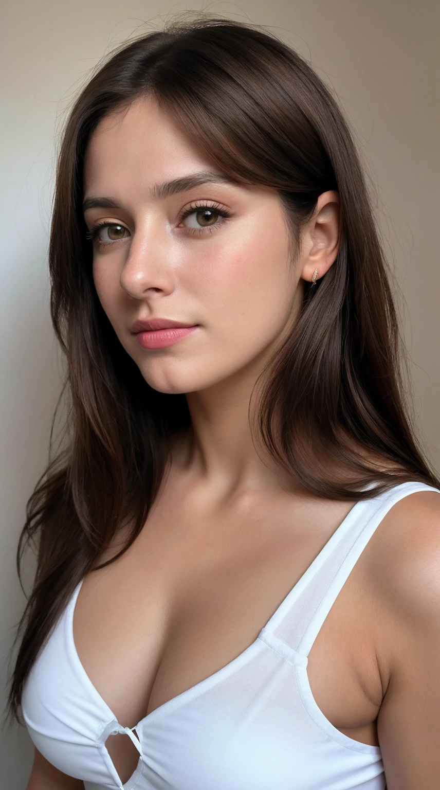 Senhora bonita,, maquiagem escura, Fotografia hiper detalhada, luz suave, head and breast portrait, cobrir,, best quality, (rosto bonito detalhado, textura da pele do detalhe, corpo ultra-detalhado:1.1) brown hair, Hazel Eyes 18 anos adolescente