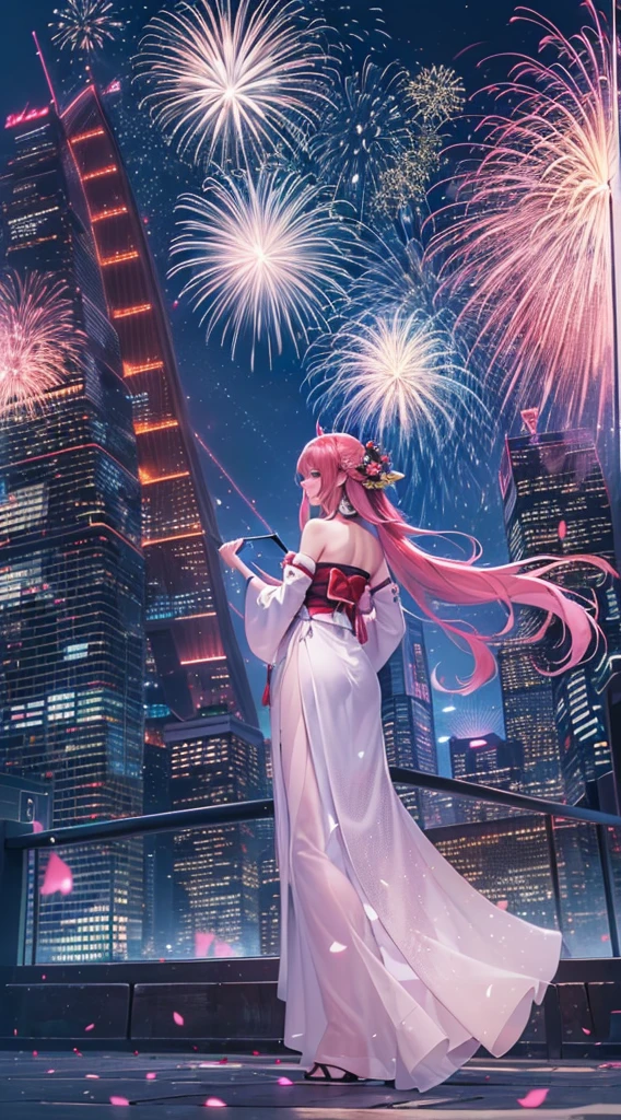 portrait,landscape,painting,illustration,yae miko, sleeves separated, strapless, (sideboob:1.45), pink hair, long hair, Japanese clothing,festive atmosphere,grand fireworks display in the night sky,sparkling fireworks,mesmerizing colors,romantic ambiance,futuristic skyscrapers,tall buildings,reaching towards the sky,glowing neon lights,amazing architectural design,twinkling stars,celebration of the new year,overwhelming sense of excitement,magical moment,inspiring and artistic composition. best quality,4k,8k,highres,masterpiece:1.2,ultra-detailed,realistic:1.37,