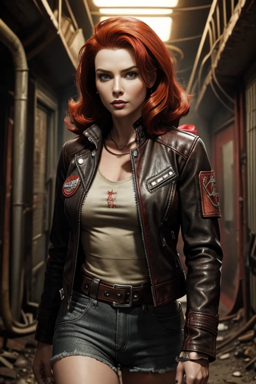 1 woman, wasteland outlaw, red hair, black leather jacket, patches, retrofuturism, fallout, 50s